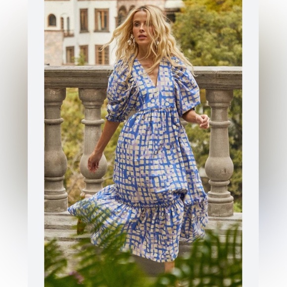 ⭐️Hunter Bell Palmer Dress in Cobblestone large Blue Yellow⭐️ - Picture 2 of 10